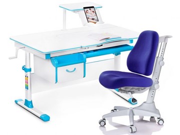 Комплект растущая парта + стул Mealux EVO Evo-40 BL (арт. Evo-40 BL + Y-528 SB) / (стол+полка+кресло) / белая столешница / цвет пластика голубой в Находке