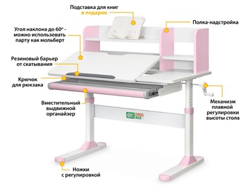 Стол растущий Ergokids TH-330 Pink TH-330 W/PN, столешница белая / накладки на ножках розовые во Владивостоке - предосмотр 1